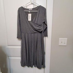 Missky Grey Jersey Faux Wrap Dress, size L, Long Sleeve, Midi, Pull on NEW
